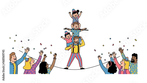 Balancing Act: A vibrant illustration captures the thrilling moment of a person gracefully walking across a tightrope, their performance captivating the attention of an audience.