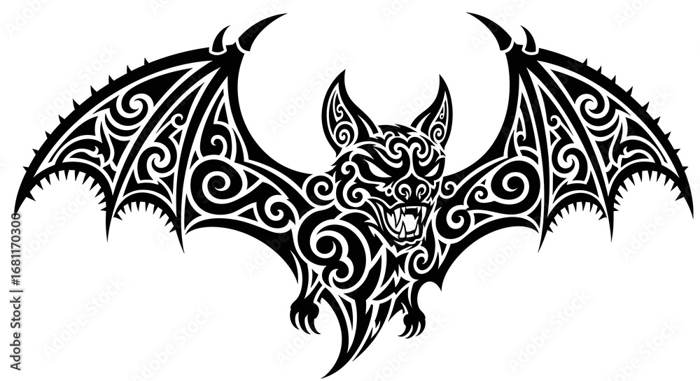 Fototapeta premium Intricate Black Tribal Bat Illustration with Detailed Wings and Fierce Expression for Artistic or Tattoo Design