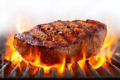 Steak on Burning Grill isolated on white background