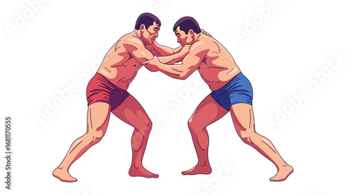 Dynamic Wrestlers in Action: Two muscular wrestlers engage in an intense grapple, showcasing strength, skill, and competition in this captivating illustration.