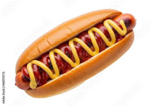Hot dog with mustard in a bun, isolated on transparent background