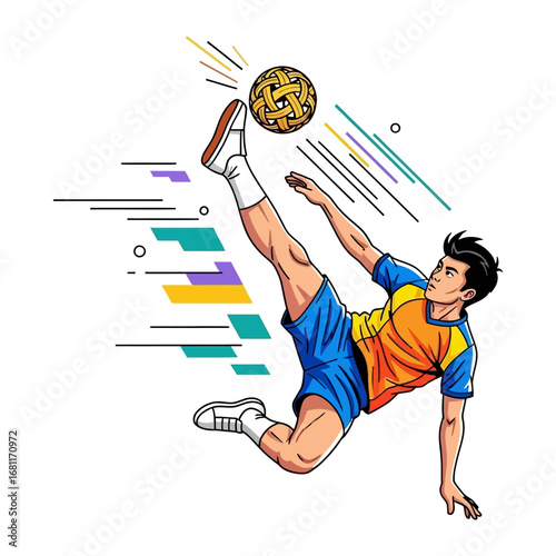 Dynamic Sepak Takraw Athlete in Action: A dynamic illustration captures a sepak takraw player in mid-air, executing a skillful kick to propel the rattan ball with precision and power.