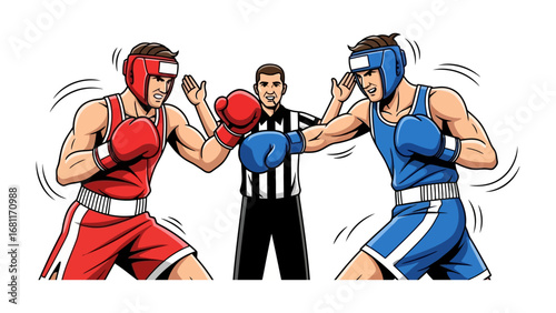 Punching in Ring: A boxing match, two athletes in red and blue with the referee watching and keeping order. It encapsulates the action, strategy, and discipline inherent to the sport.