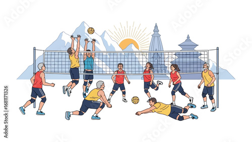Volleyball Match Amidst Majestic Heights: Depicting a volleyball match set against a backdrop of mountains, sun, and temple, symbolizing the pursuit of excellence in the spirit of sport and teamwork.