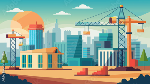 Vector art of construction site with cranes and buildings in the city under development