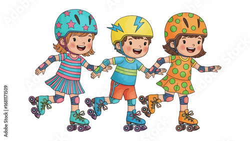 Friendship on Wheels: Three smiling children, helmets adorned, skate hand-in-hand with each other to represent unity and pure childhood fun.