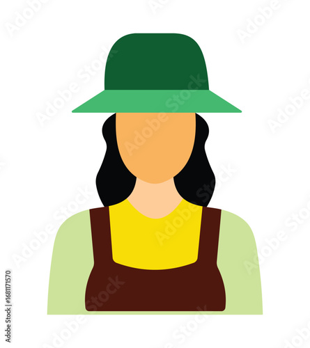 Female farmer or gardener character icon in flat design.Vector avatar of a woman with a hat, representing agriculture.