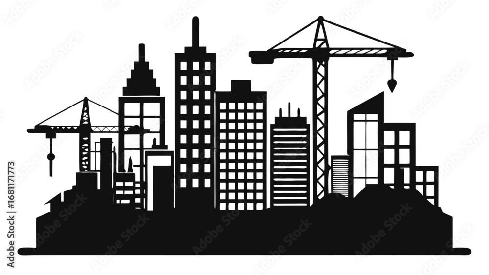 Obraz premium Vector art of silhouette of a construction site with cranes and buildings in the city