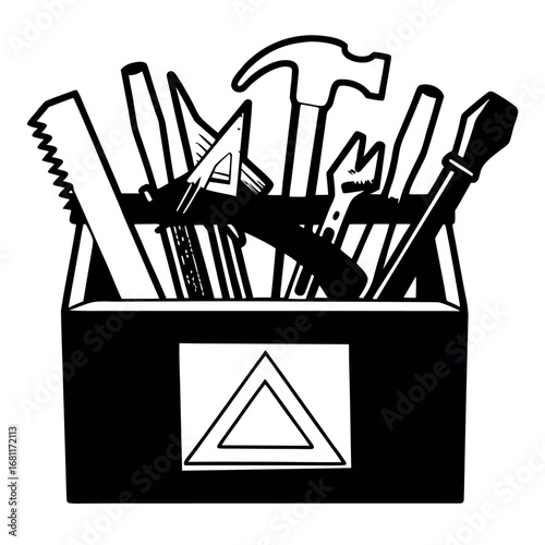 Black and white illustration of a toolbox filled with various hand tools hammer wrench