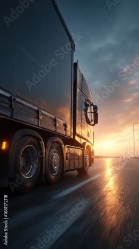 Truck on highway at sunset side angle commercial transport logistics supply chain distribution global trade
