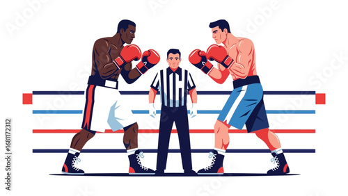 Boxing Match: A dynamic illustration captures the intensity of a boxing match. Two skilled athletes square off in a boxing ring, poised for action under the watchful eye of the referee.