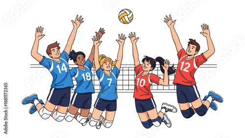 Volleyball Game in Action: The image portrays a dynamic moment in a volleyball game with players enthusiastically reaching for the ball above the net in vibrant color. 