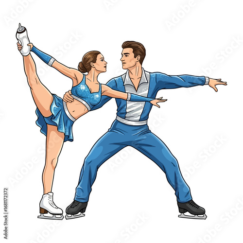 Dynamic Duo on Ice: A captivating illustration depicts an ice skater couple in a breathtaking pose on the rink, showcasing fluidity, balance, and the artistry of the sport.