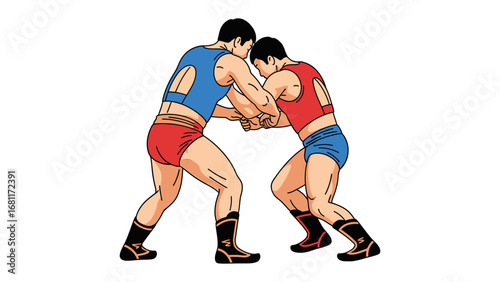 Wrestlers in action: Witness the strength, skill, and intense focus of two wrestlers engaged in a competitive bout. A display of athleticism, strategic positioning, and sheer determination.
