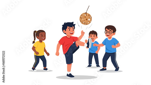 Kick the Cookie: A cheerful moment captured as a boy kicks at a cookie hanging in air and a circle of friends.