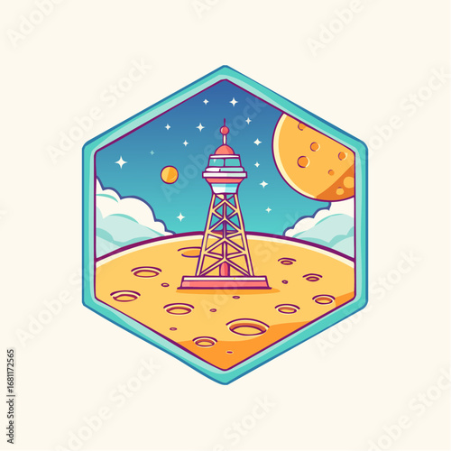 Conceptual badge illustration of a futuristic lunar communication outpost or space observatory tower standing on a cratered celestial surface under a starry, cloudy sky