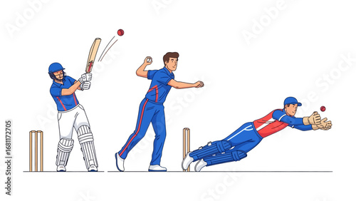 Cricket Action Sequence: A dynamic illustration capturing the energy and skill of cricket, from the batsman's powerful swing to the bowler's delivery and the fielder's diving catch.