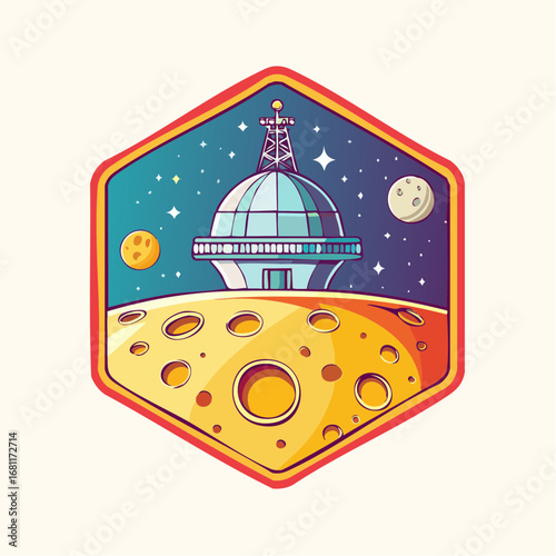 Space Observatory on Moon Retro Futuristic Illustration