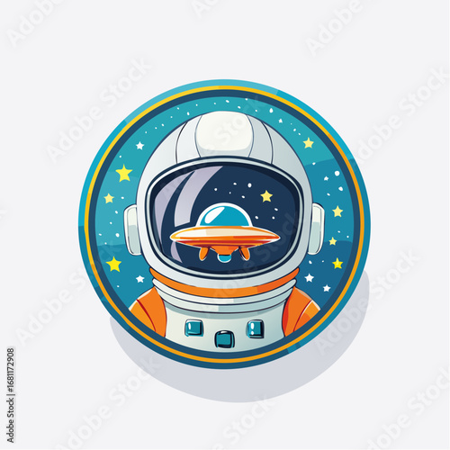 Captivating space-themed emblem showcasing an astronaut in an orange suit with a detailed helmet, featuring a bright UFO and distant stars in the reflection
