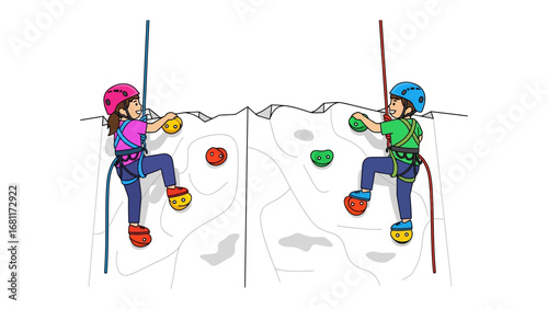 Wall Climbing Adventures: A vivid illustration showcases the thrill of rock climbing, where two young climbers ascend separate paths. Demonstrating teamwork and self-challenge.