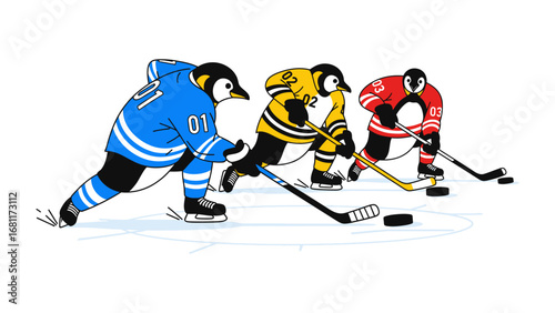 Penguin Hockey Showdown: Three animated penguins passionately engaged in an ice hockey game, embodying the spirit of competition and the joy of the sport. 