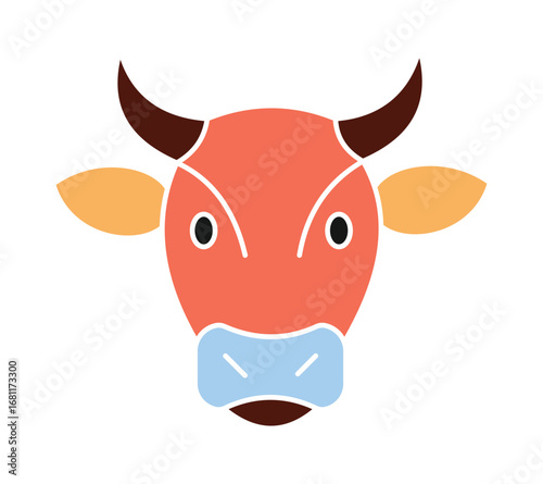 Colorful cattle head illustration, farm animal mascot isolated on white.Bull or cow face symbol for agriculture, farm, or dairy logo.