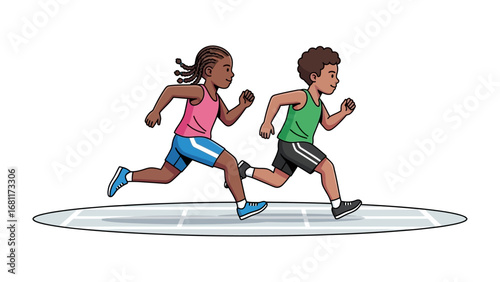 Sprint of Determination: Two young athletes engage in a spirited race, showcasing athleticism and the spirit of competition, rendered in a clean, modern illustration
