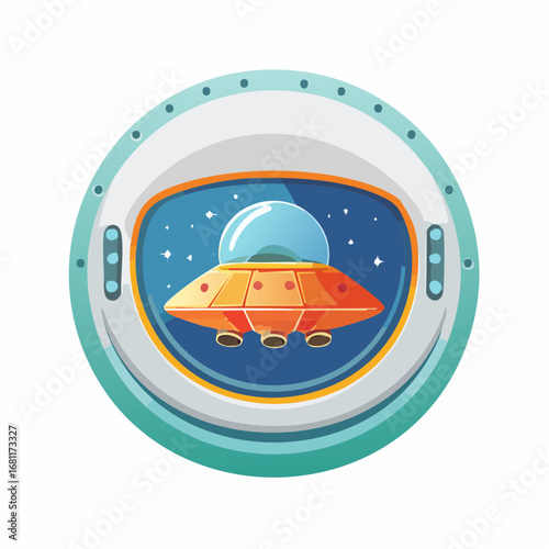 An intriguing perspective from a futuristic spaceship window, capturing an orange unidentified flying object journeying through the boundless, star-dusted reaches of outer space