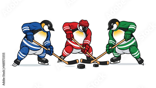 Penguin Hockey Showdown: Three spirited penguins engage in an animated hockey game, their vibrant uniforms adding a touch of fun to the exciting sports scene.