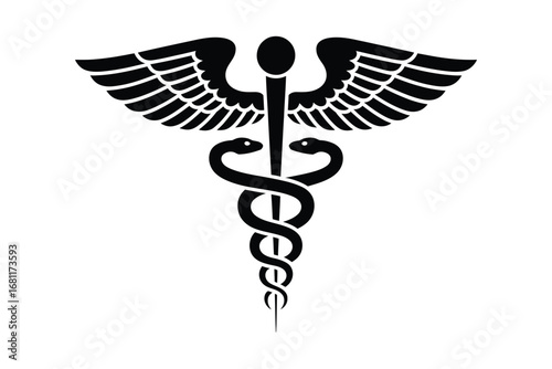 Simple black silhouette of the Caduceus symbol, a classic emblem for healthcare, pharmacy, and medicine on a white background