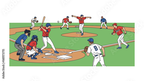 Baseball Game in Action: Capturing the essence of a baseball game, this illustration showcases the dynamic interplay between players on the field.