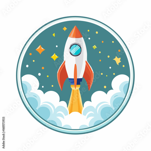 A colorful cartoon-style rocket blasting off into a starry sky, surrounded by clouds in a circular emblem