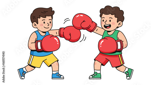 Youthful Boxers: A lively cartoon scene showcases two young boxers enthusiastically sparring, their movements full of energy and vigor, a playful portrayal of the sport