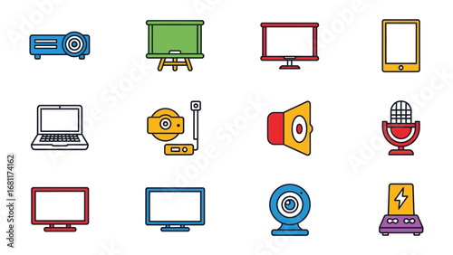 Presentation and Communication Devices: A colorful array of essential presentation and communication devices, including a projector, display screens, and speaker.