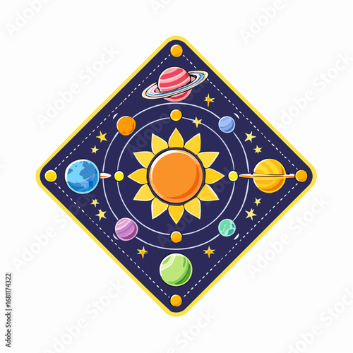 Vibrant illustrated solar system badge showcasing the sun, planets, and stars in a stylized cosmic design, perfect for educational themes or decorative patches