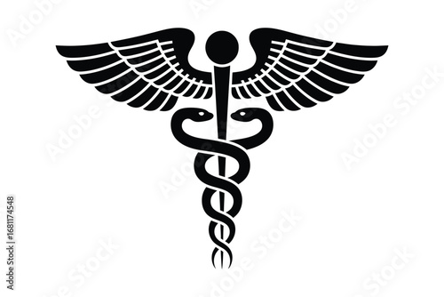 Iconic medical symbol of a staff with two intertwined snakes and a pair of wings, presented as a clean black vector graphic on a white background