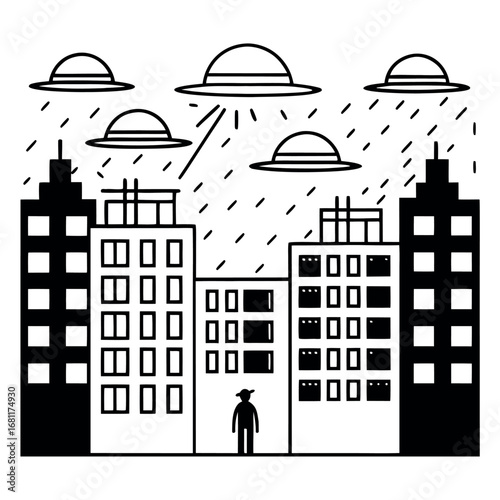 Surreal cityscape with flying saucers and lone figure alien invasion buildings