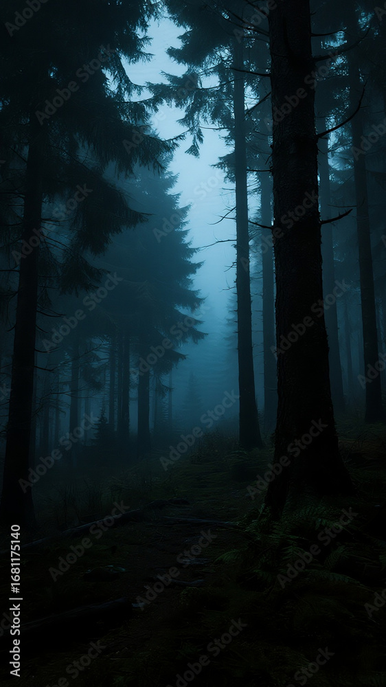 Obraz premium A dense dark forest where tall trees block out the sky, no animals or sound present
