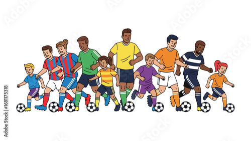 Football Players: A dynamic illustration showcases a team of football players, skillfully maneuvering the ball. Celebrating the essence of athleticism, camaraderie, and competitive sportsmanship. 