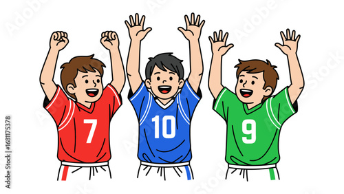 Victory Cheers: A group of boys celebrating success, showcasing joy and teamwork. This illustration captures the essence of youthful exuberance and the spirit of collaboration. 
