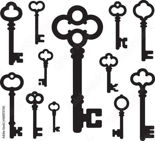 Antique key silhouettes Medieval and modern keys silhouette vector illustration