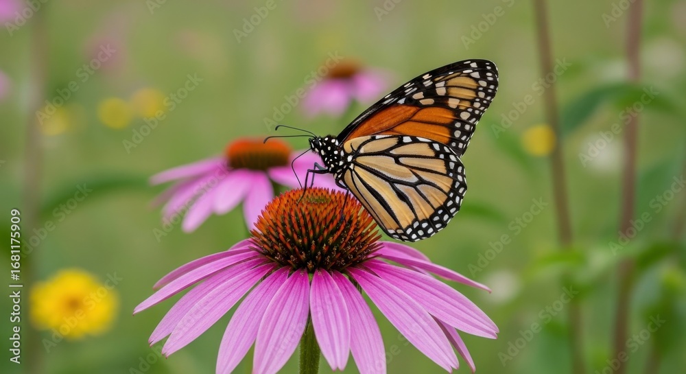 Fototapeta premium Monarch butterfly perched elegantly on a vibrant pink coneflower blossom