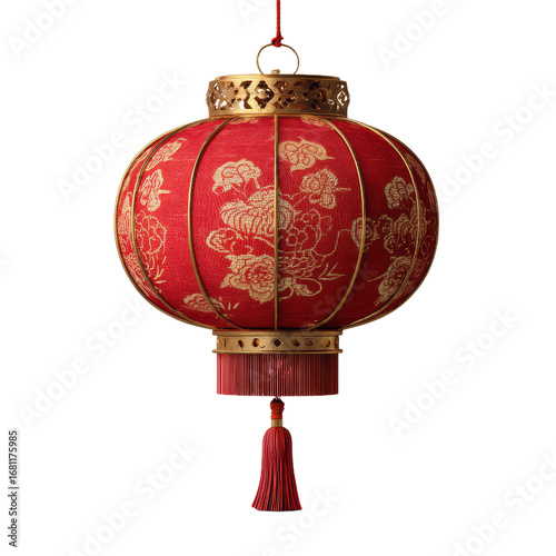 Chiński czerwony lampion z kwiatowym wzorem – tradycyjna dekoracja na przezroczystym tle