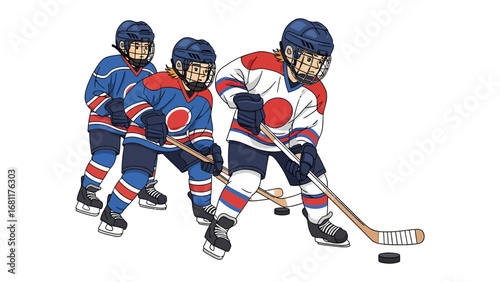 Hockey Players in Action: Dynamic illustrated depiction of young hockey players engaged in a spirited game, poised to strike the puck and showing the vigor of the sport.