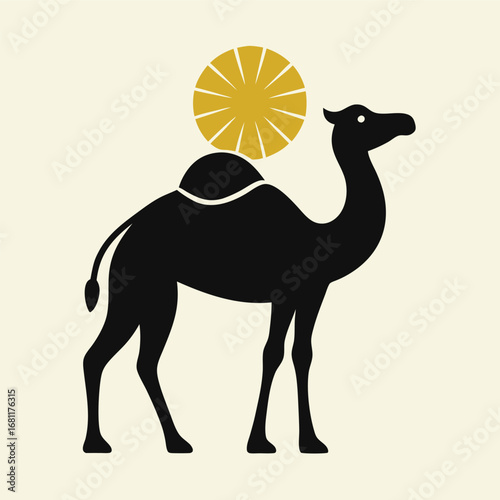 Desert camel silhouette with sun icon