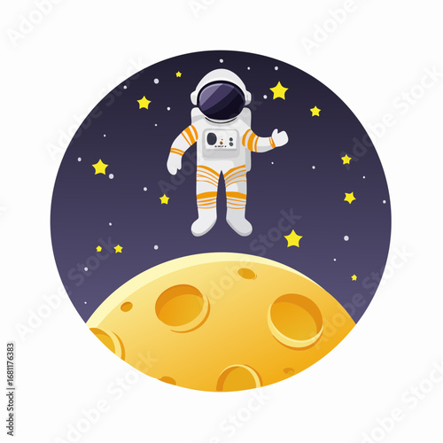 Flat design vector illustration of a cartoon astronaut on a cosmic mission, exploring theuniverse and floating in zero gravity above the moon