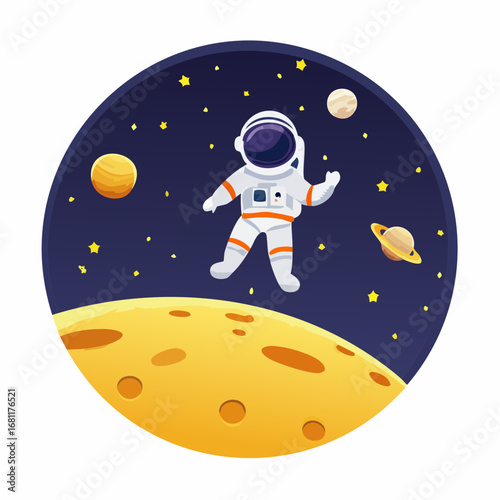 Astronaut Floating in Space A Colorful Cartoon Illustration with Planets and Stars