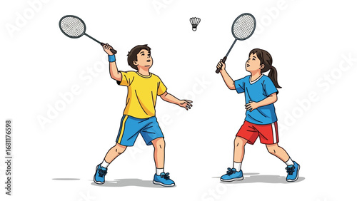 Badminton Match in Action: A dynamic illustration captures two enthusiastic players engaged in a spirited game of badminton, showcasing skill and camaraderie in vibrant detail.