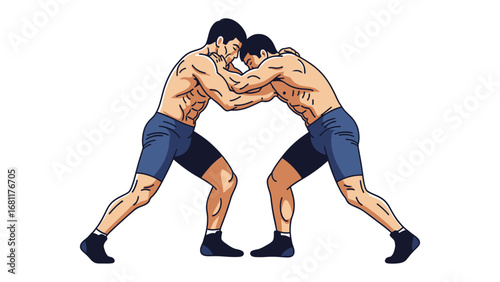 Wrestling Match Illustration: Two muscular wrestlers lock in a dynamic embrace, engaged in a fierce battle of strength, agility, and determination, ready to face off each other in the arena.