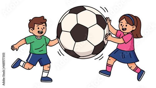 Joyful Play: A vibrant illustration depicts two children engaged in a spirited game, their faces lit with excitement as they interact with a large soccer ball. A scene of happiness.